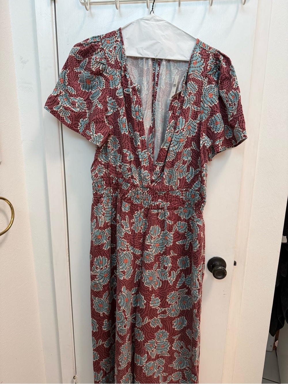 Anthropologie Floral V-Neck Jumpsuit in Burgundy and Teal